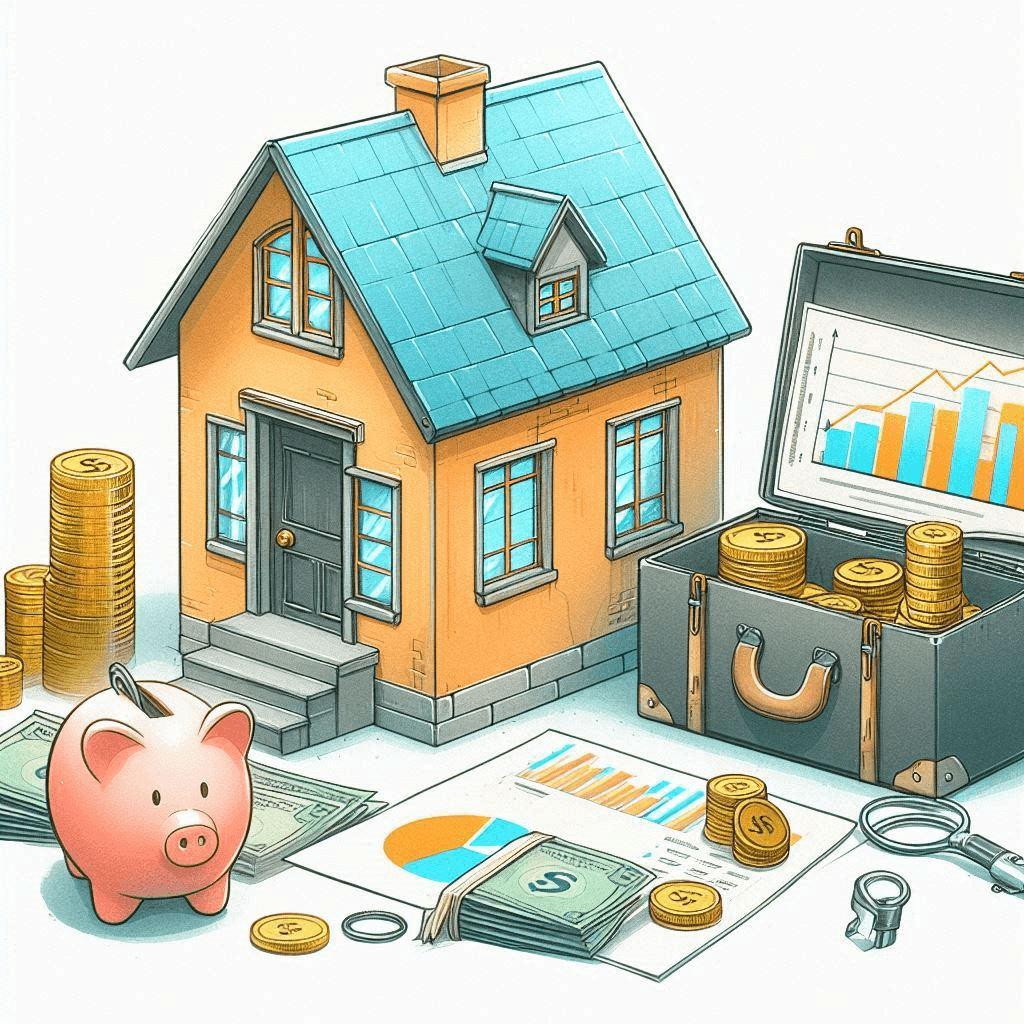 A cartoon image of a home and piggy bank to represent passive activity losses in rental properties. 